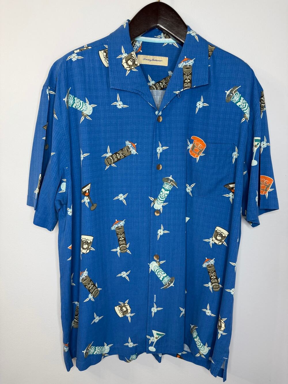 Tommy Bahama Silk Tiki Harbor Camp Shirt Old Blue Men's XXL Beach Resortwear